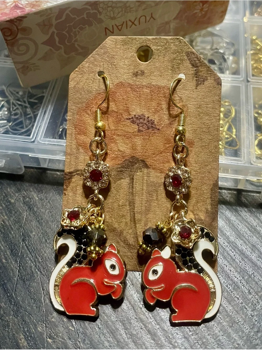 Hand Crafted Red Squirrel Dangle Earrings with Red Gold Accents